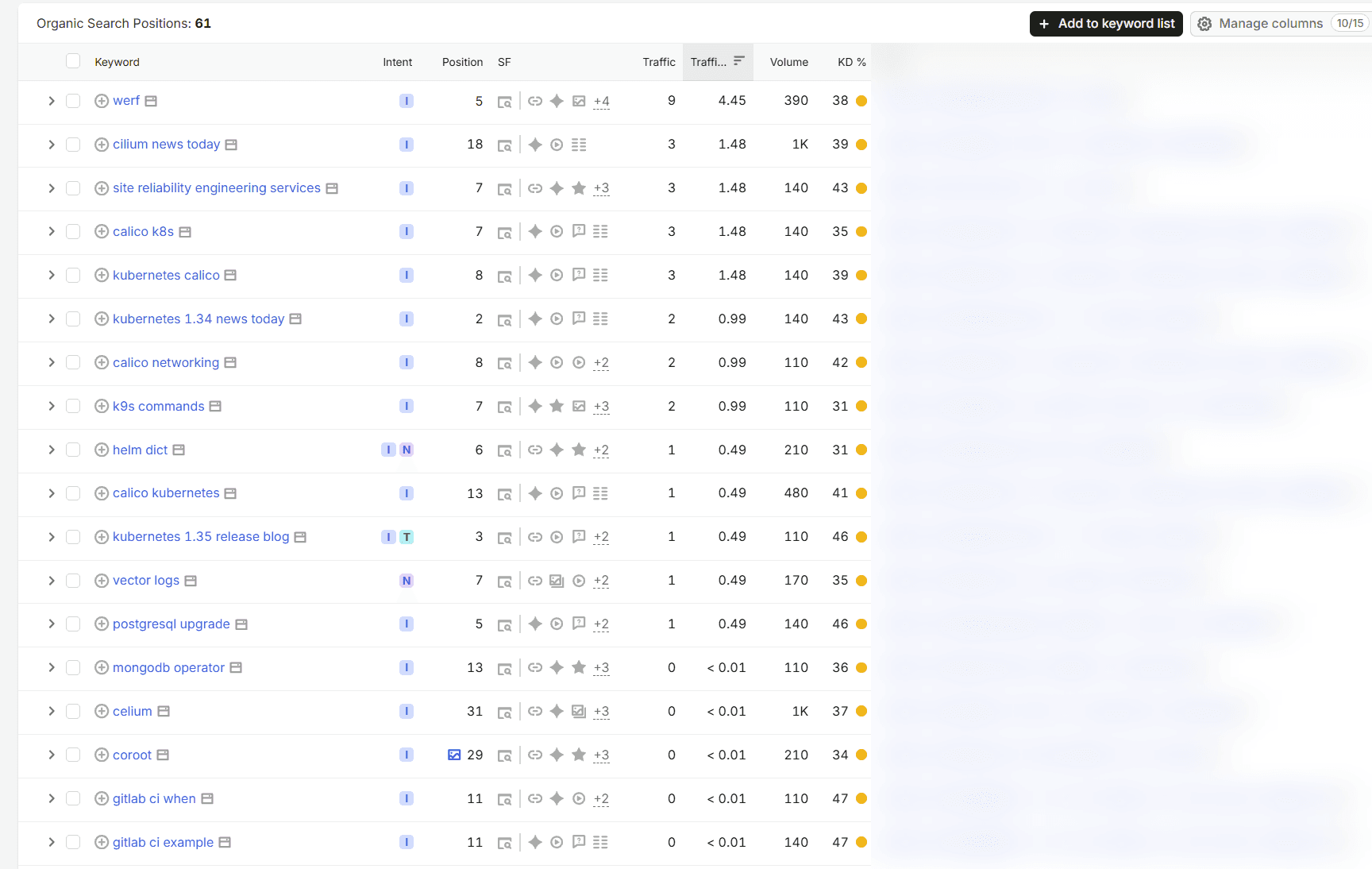 Примеры позиций по техническим запросам в стороннем SEO-сервисе